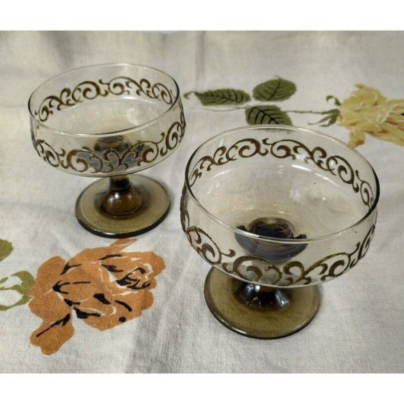 Vintage Libbey Brown Swirl 1970s Prado 2 Piece Champagne Goblets Dessert Bowls - Picture 14 of 16